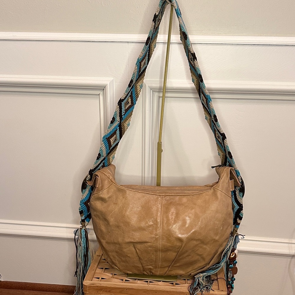 Monica Henao Tan Leather Shoulder Bag with Woven Patterned Strap